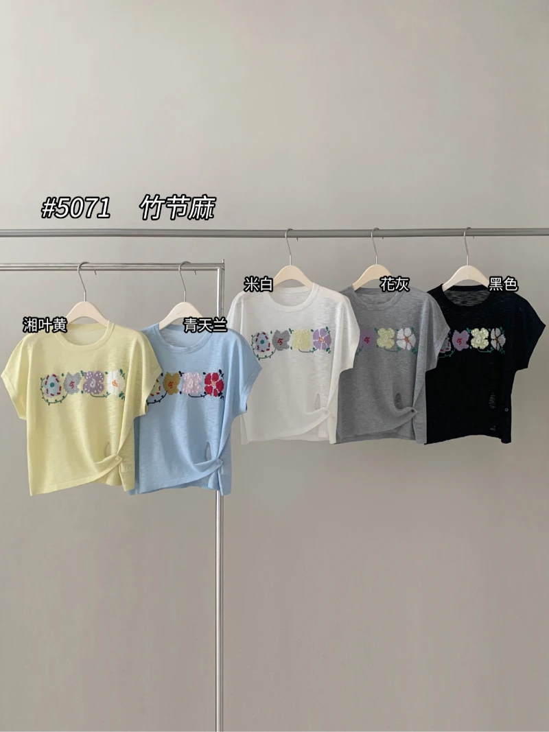 【素简.500171】夏季新款竹节麻花朵下摆不规则清爽女装休闲针织衫