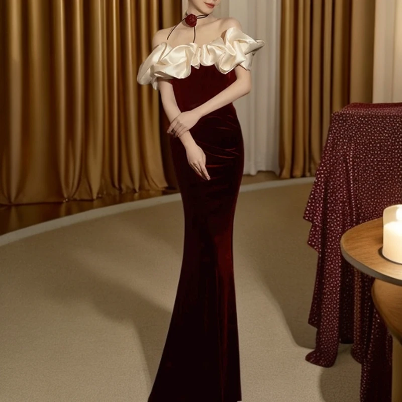 酒红色敬酒服2025新款一字肩鱼尾订婚礼服裙女法式回门服新娘高定