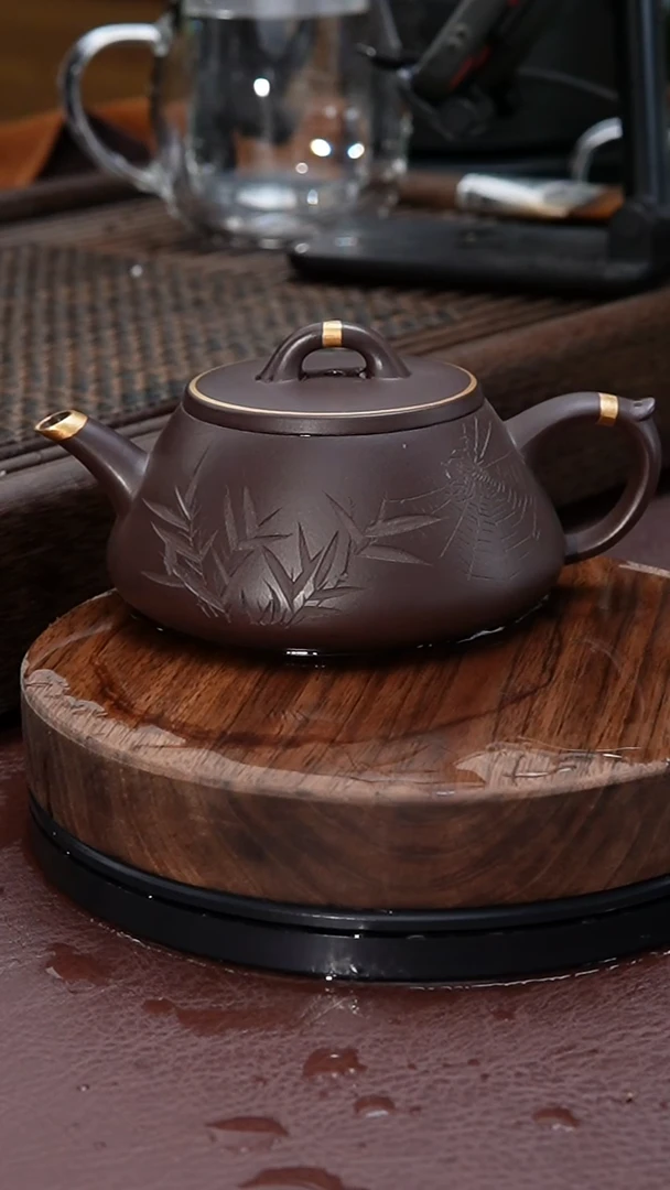 【闪购商品】紫砂茶壶描金飞把石瓢刻绘紫砂壶