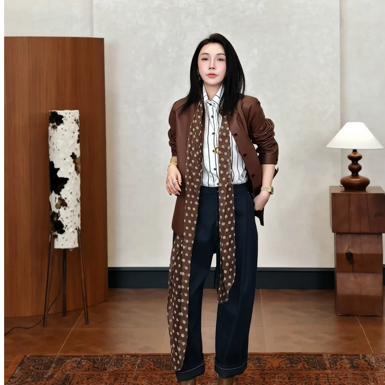 PENNY PENG朗姆红茶早春新款气质个性百搭红棕色翻领复古羊皮外套