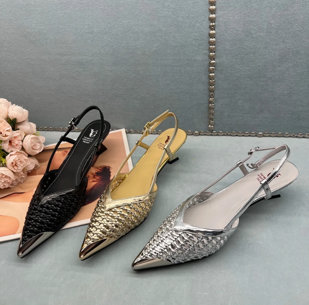 【RANBEST】2025尖头猫跟透气手工编织金银色法式真皮凉鞋3.5cm