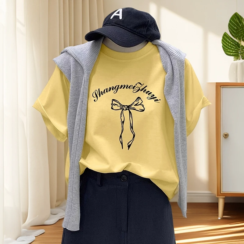 韩系小众蝴蝶结印花纯棉上衣潮2025年流行单品休闲圆领短袖T恤女