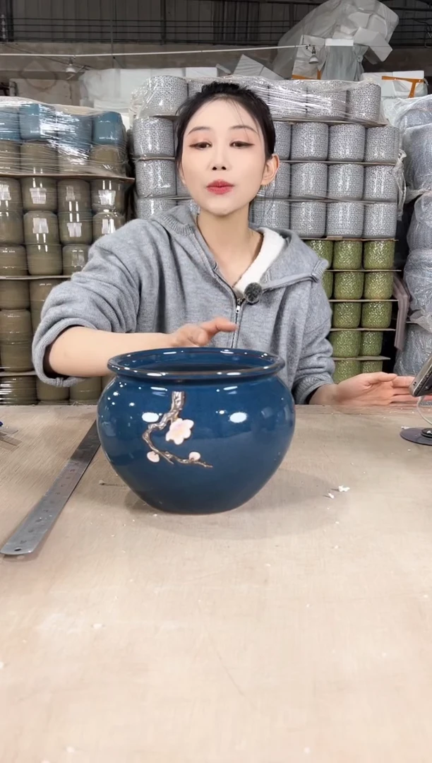 【闪购商品】陶瓷大罐罐蓝花釉勾花大号18x15