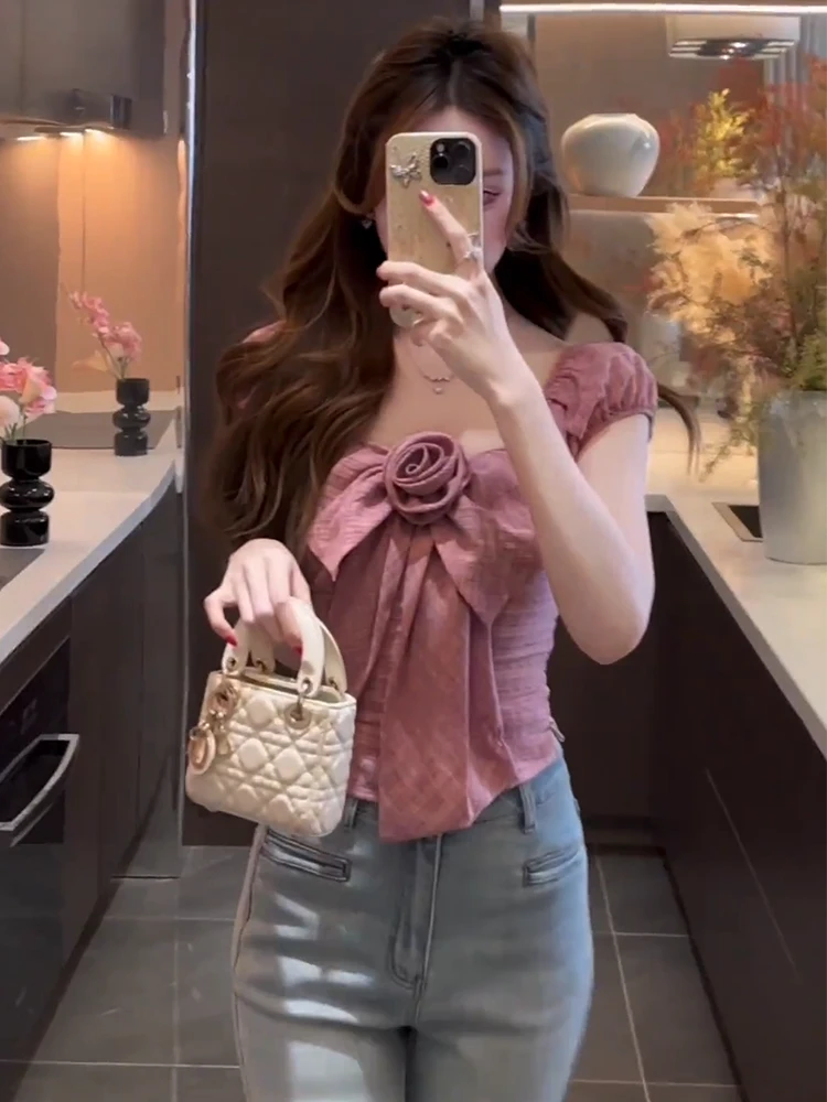 夏季超火独特超好看上衣韩系chic小众设计感洋气粉色立体花朵衬衫