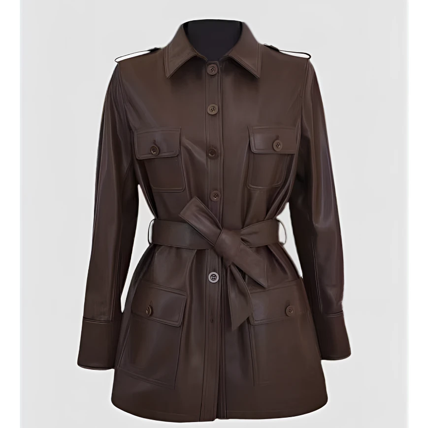 《新品上新》设计师款式羊皮绵羊皮美拉德色中长款收腰真皮外套