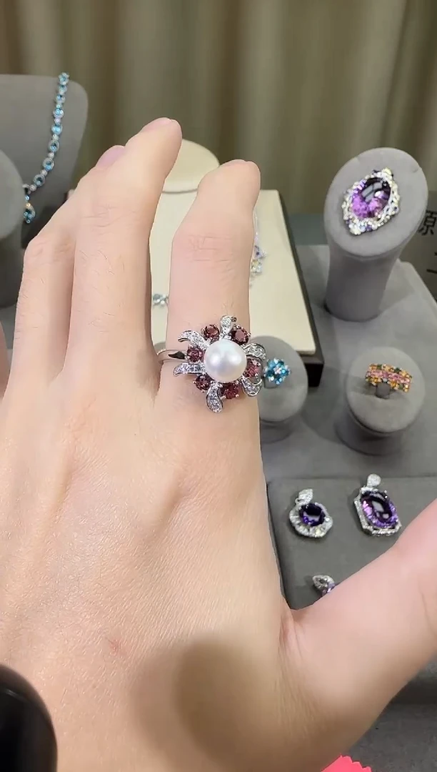 银S925镶嵌戒指淡水珍珠9mm戒指繁花设计款