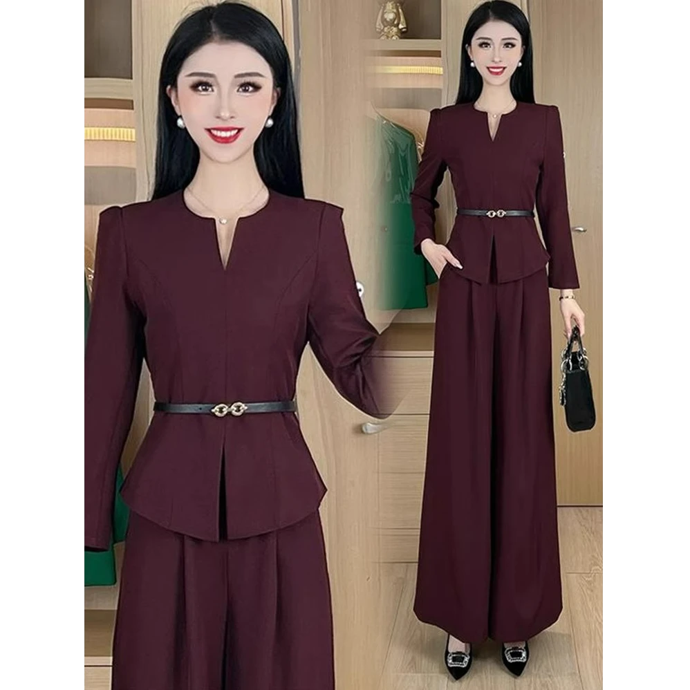 时尚套装女2025春季新款款洋气显瘦法式收腰V领上衣阔腿裤两件套