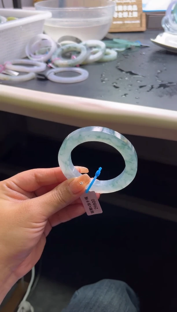 未镶嵌手镯定制翡翠47-54+冰淡蓝底飘花「定制不退不换」