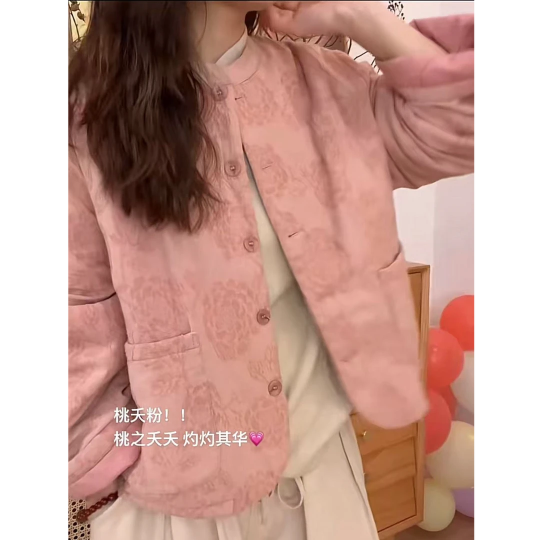 秋冬季新款厚款常规款保暖提花拼接棉衣棉服盘扣韩版休闲短外套