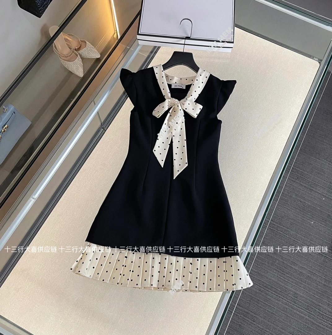 2025女装夏季新款法式复古拼接撞色蝴蝶结波点系带气质百褶裙