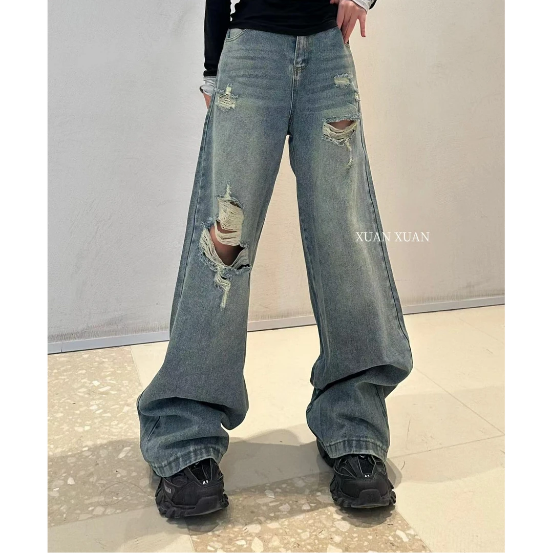 D9267复古破洞牛仔裤渐变水洗设计感做旧阔腿裤