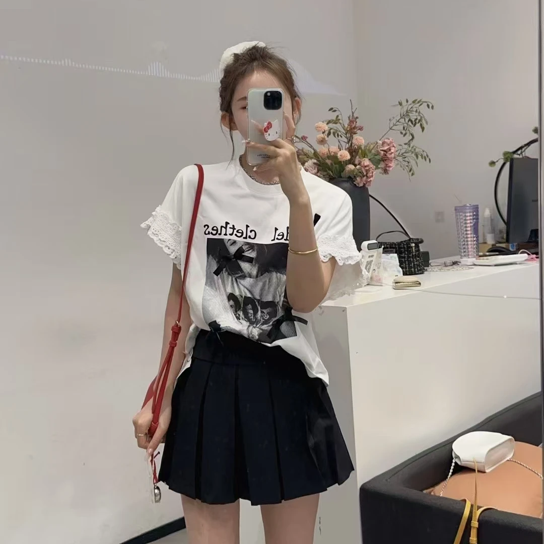 常规款减龄排汗字母显瘦撞色韩版人物短袖圆领设计感T恤