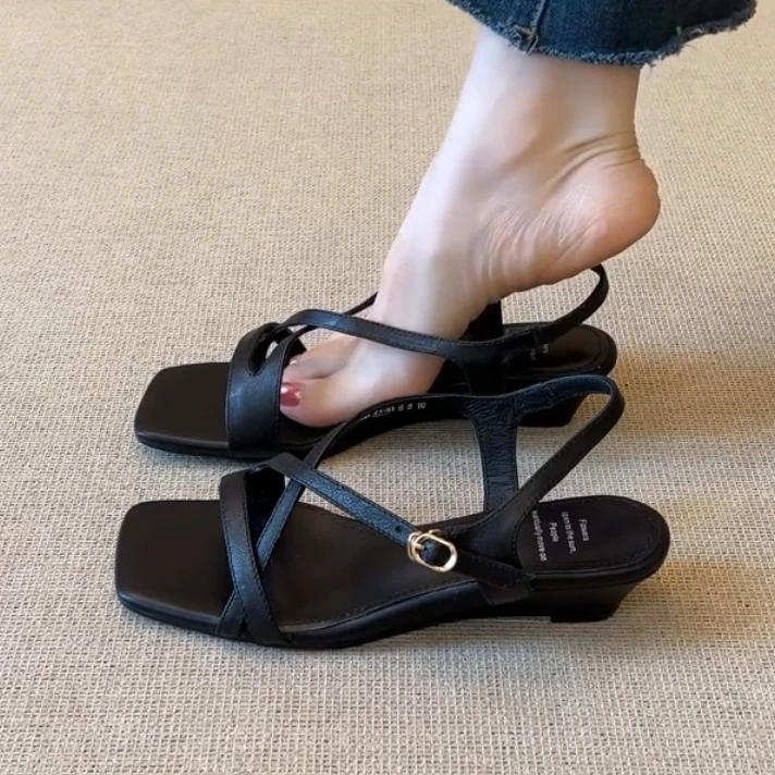 羊皮版~坡跟凉鞋女夏季外穿气质高级配裙子百搭绝美不累脚罗马鞋