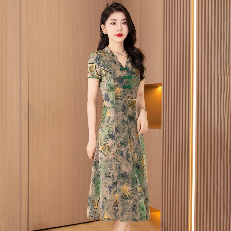 复古国风改良旗袍夏季女2025新款高级感妈妈连衣裙广州沙沙河裙子