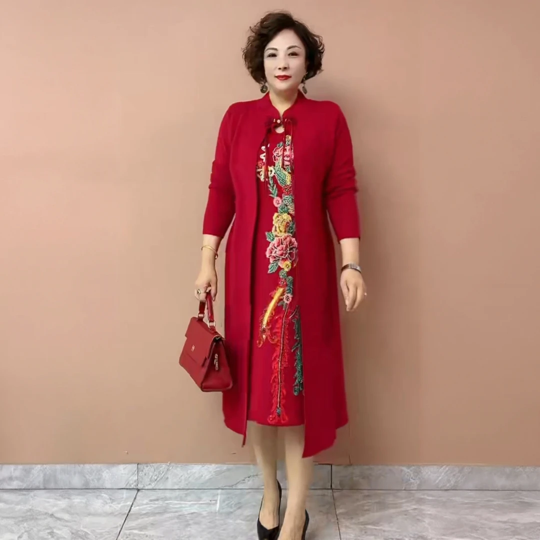 50155礼服刺绣精美改良秋冬结婚毛婆婆妈妈旗袍针织连衣裙宴衣裙