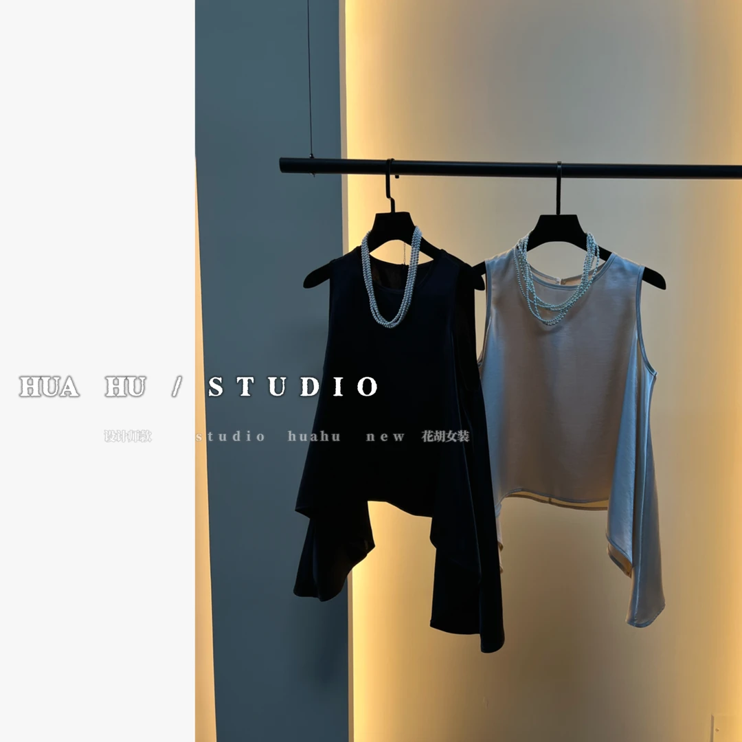 【西西里】法式浪漫 小众设计师款 不规则定制水光缎无袖上衣