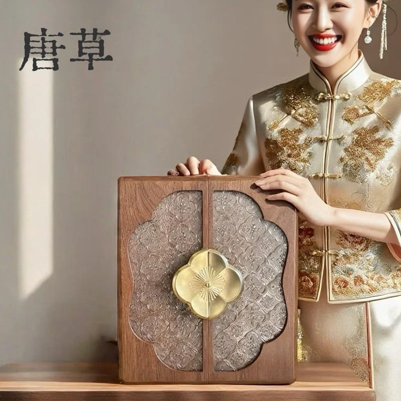 唐草玻璃花窗海棠花实木戒指项链耳饰收纳盒首饰盒结婚新娘礼物