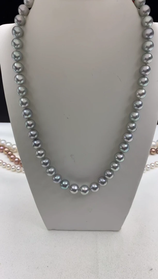 银S925镶嵌ff海水珍珠akoya灰珠串链8~9mm