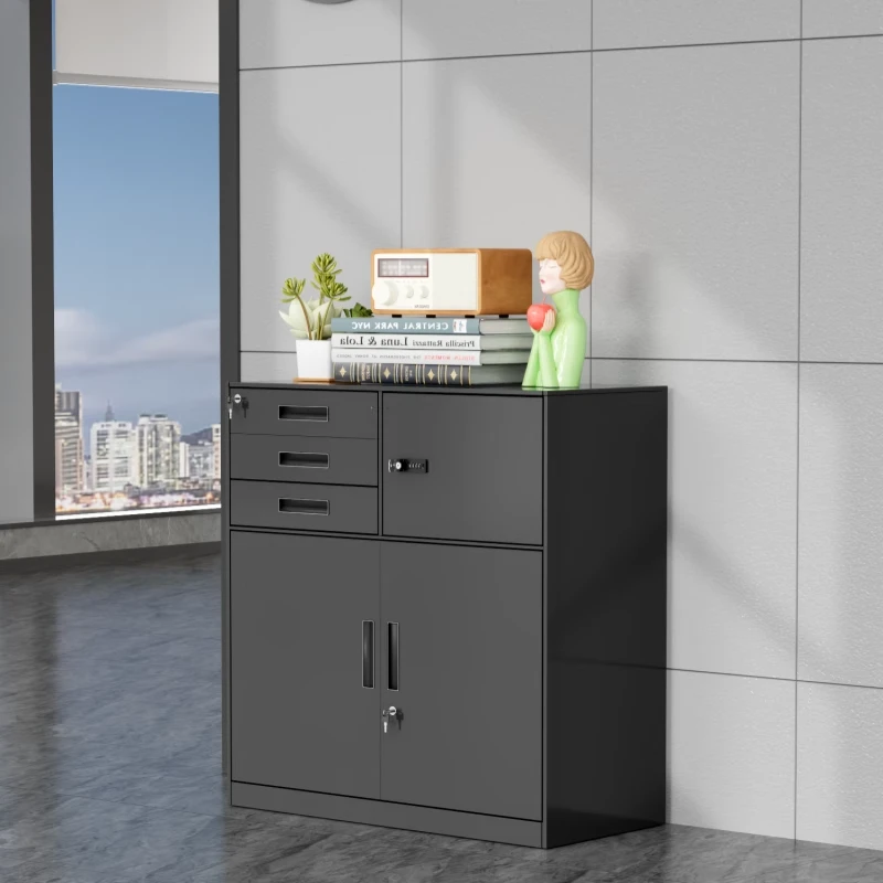 偏三保文件柜铁皮矮柜办公室资料柜阳台抽屉储物柜加厚带锁工具柜