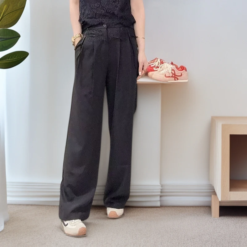 【精选推荐】新款显瘦百搭蕾丝拼接显瘦西裤直筒裤女款长裤722