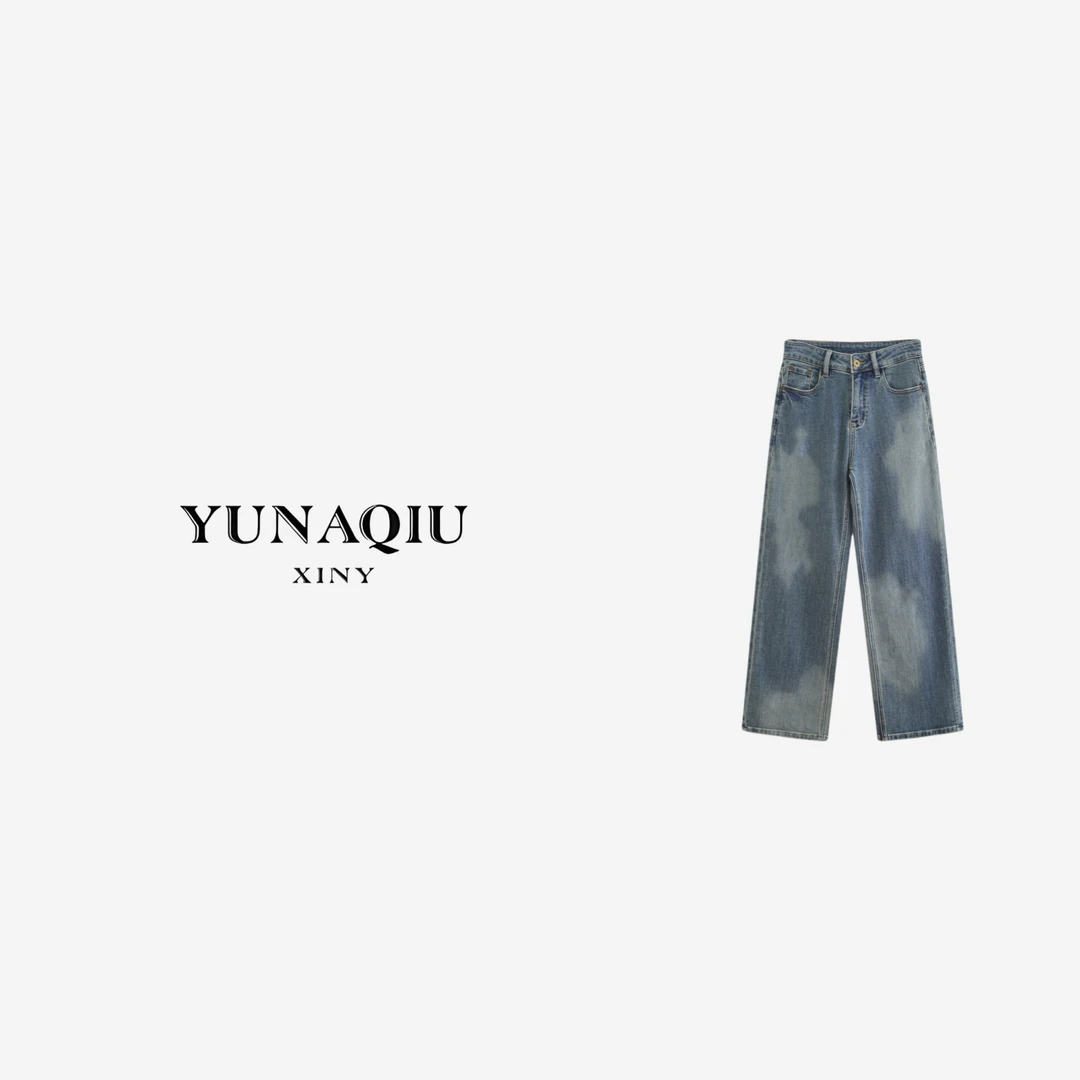 YUNAQIU 直筒休闲百搭复古春夏宽松老花水洗牛仔裤-8406