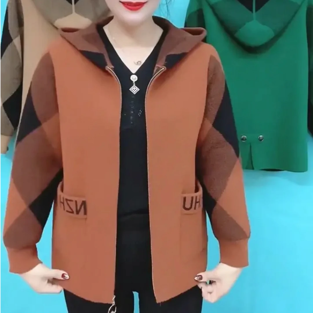 2025秋季时尚百搭针织开衫中年妈妈休闲加厚拼接口袋连帽毛衣外套