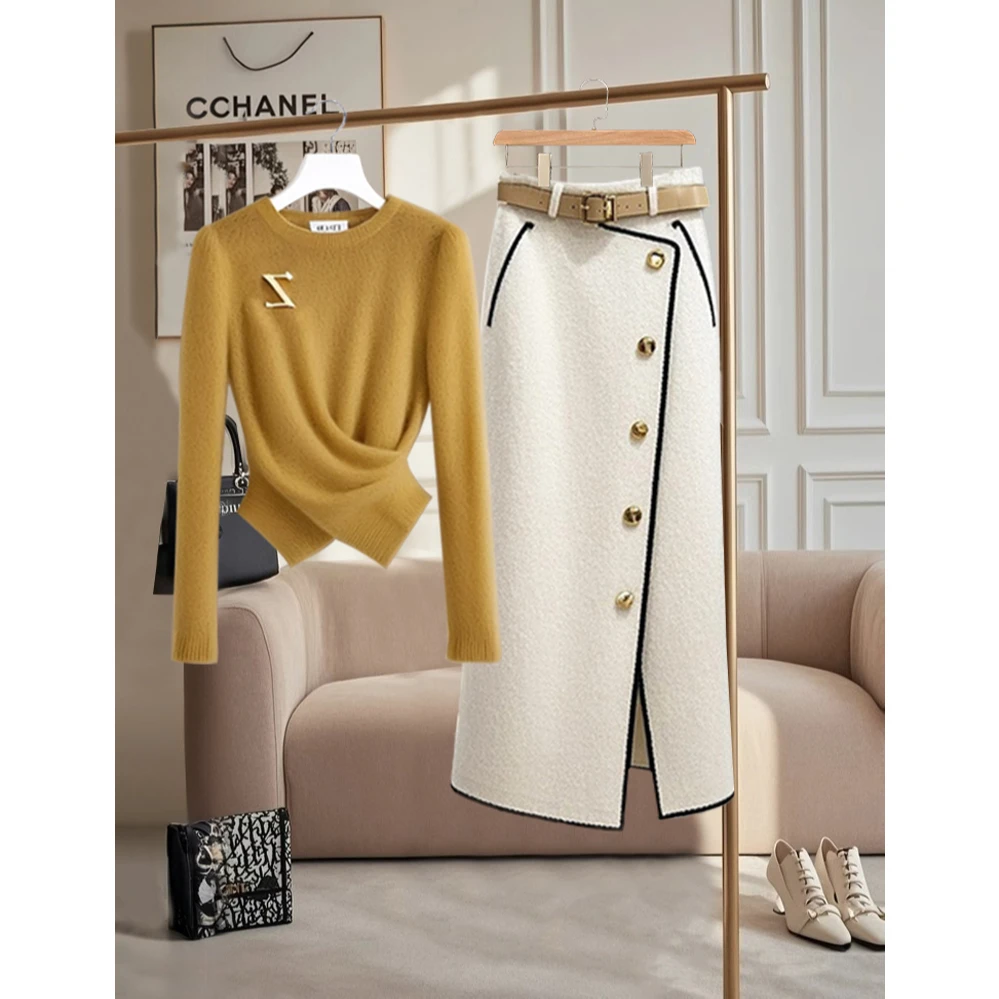 2025年早秋新款韩系减龄百搭收腰显瘦毛衣高腰超好看半身裙两件套