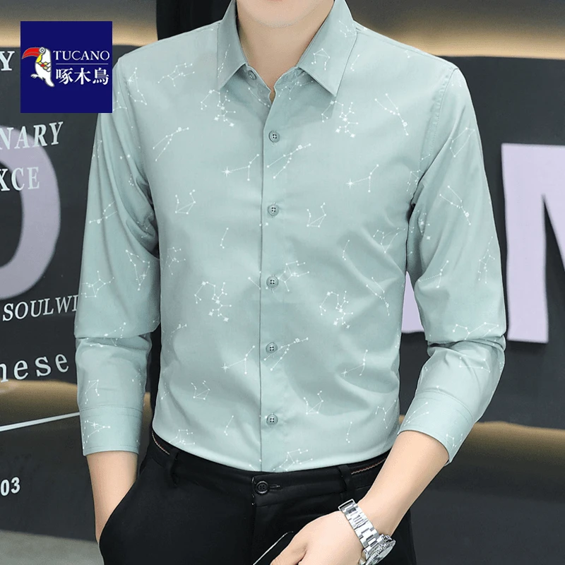 啄木鸟长袖衬衫男士商务高级感印花衬衣秋季新款抗皱免烫休闲寸衫