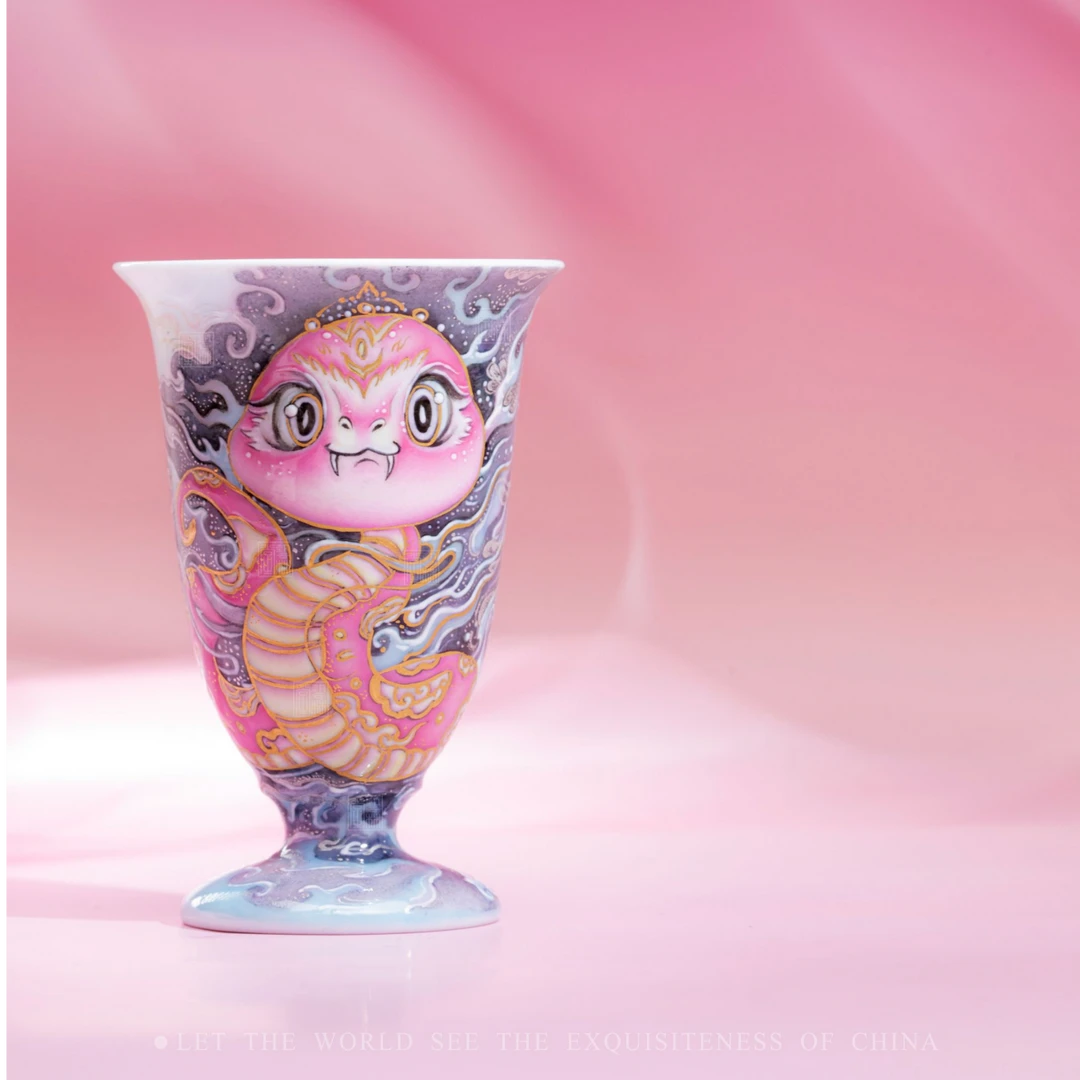 艺林堂藏珍系列粉彩描金银灵蛇闹春高足闻香杯【景德镇纯手工茶具】