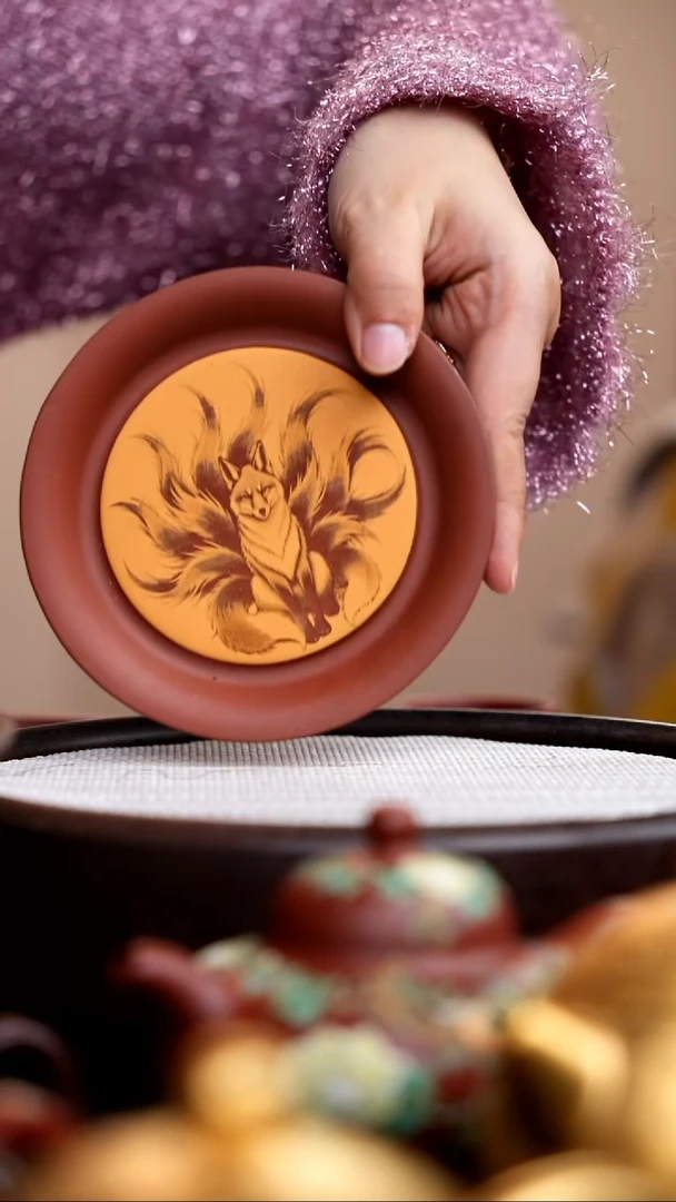 茶壶紫砂朱泥段泥壶承刻九尾