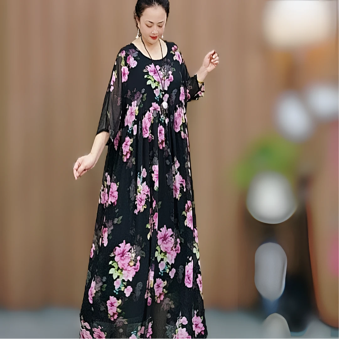 5001款 优雅花朵连衣裙 气质短袖 宽松大码 时尚显瘦 夏季印花款