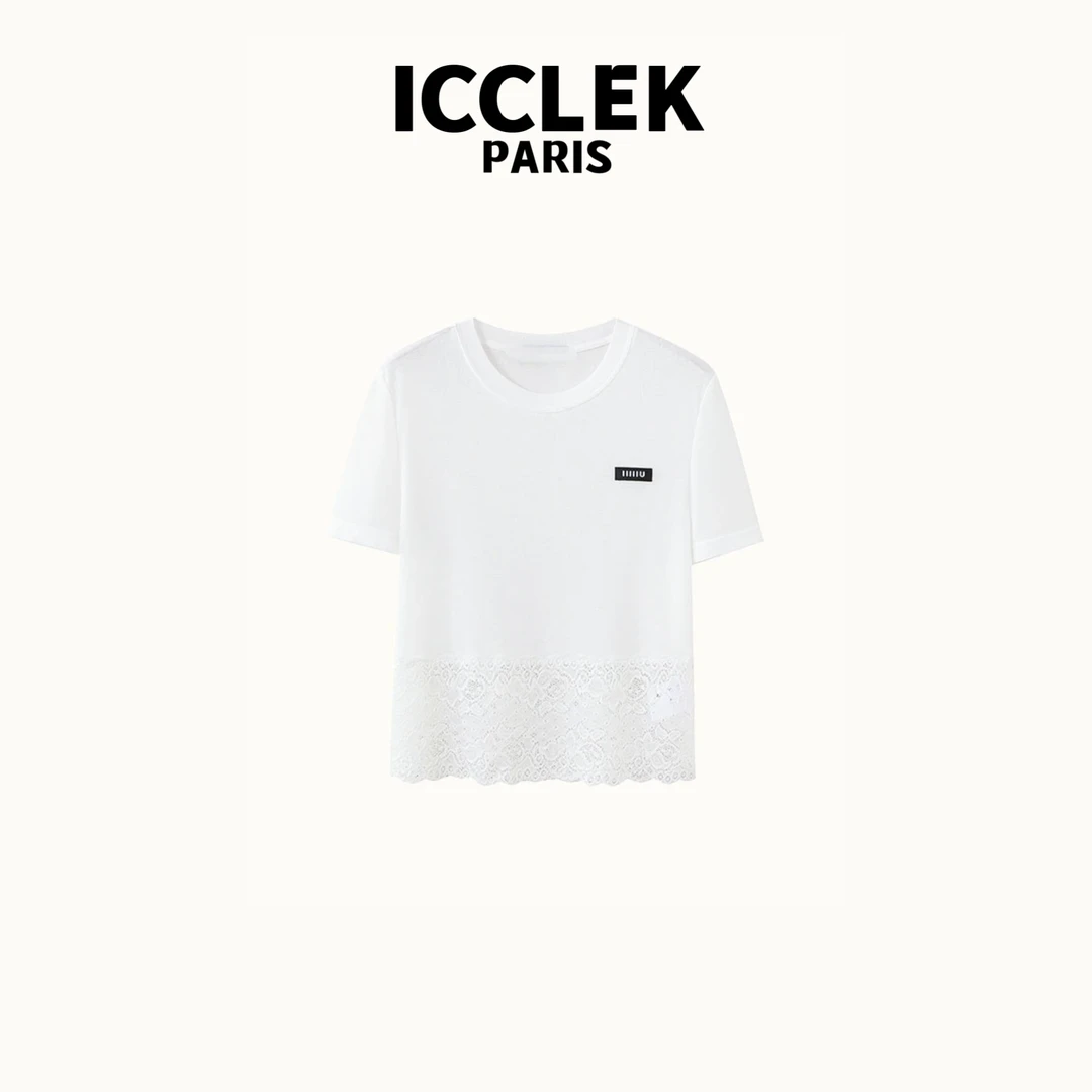 ICCLEK  白色圆领蕾丝边拼接短袖T恤百搭时尚减龄显瘦上衣-  6027