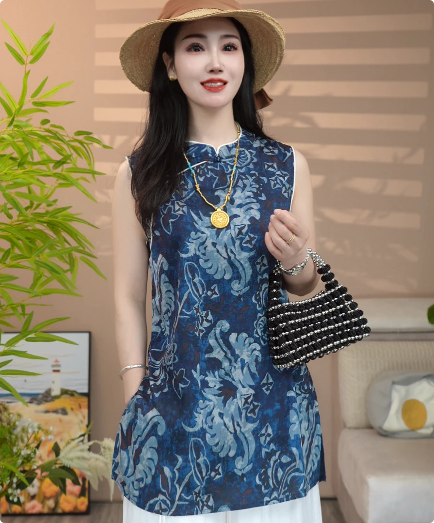 【武梦】 青花月下 无袖薄款立领上衣女长款夏季时尚背心裙