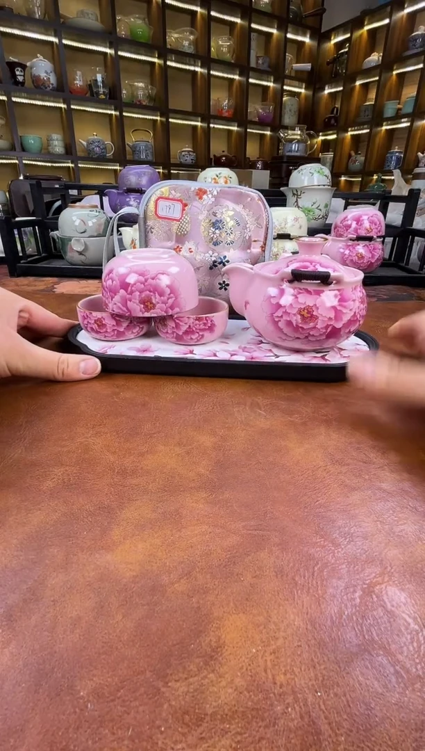 瓷片新款粉色牡丹宝瓶+长方粉色花朵盘