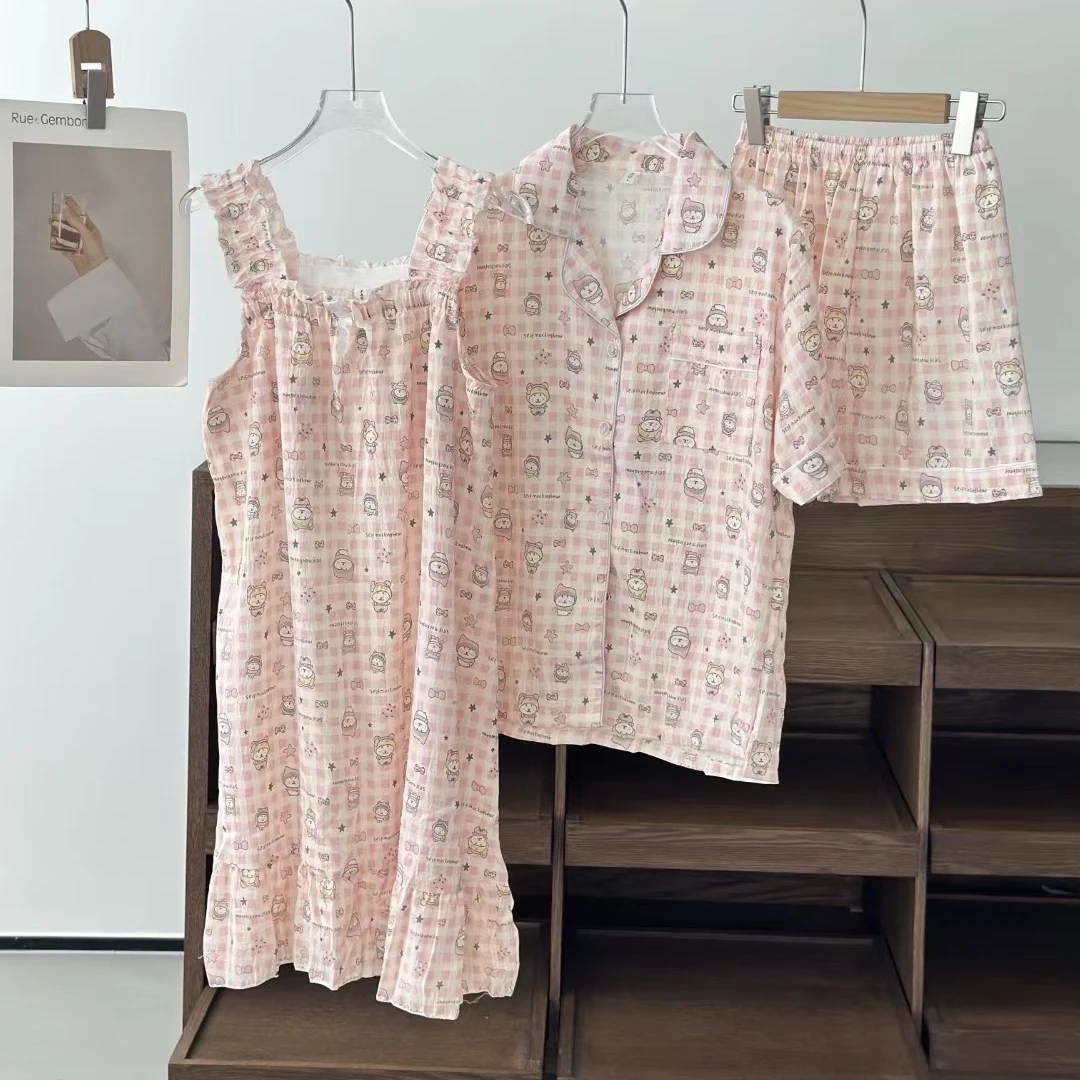 【粉格熊】女士短袖新款睡衣翻领卡通短袖短裤云朵棉梭织薄款家居服