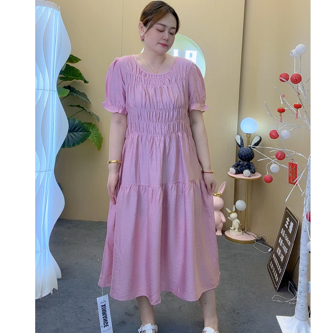 2025夏季新款连衣裙显瘦褶皱法式宽松甜美时尚气质温柔方领86056