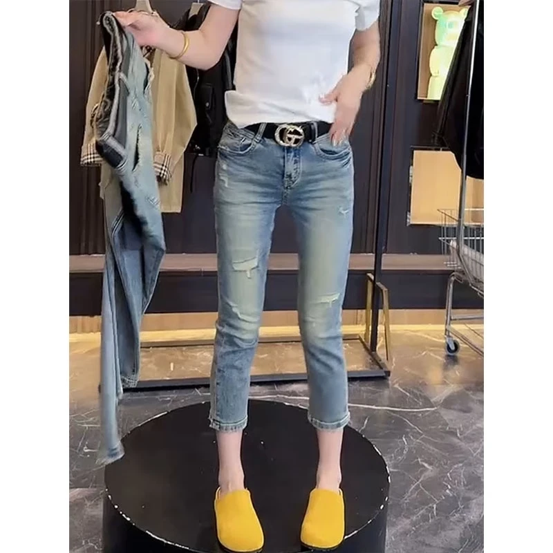 大码高腰弹力直筒牛仔裤女2025秋季新款复古显瘦遮胯烟管裤九分裤