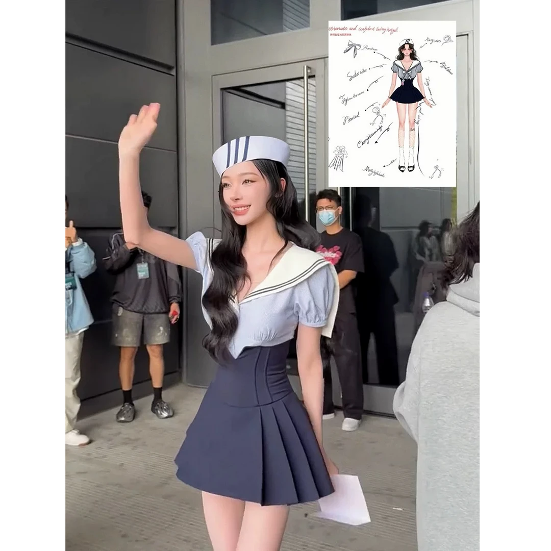 两只水仙 爱豆特别限定 条纹高腰鱼骨水手领套装