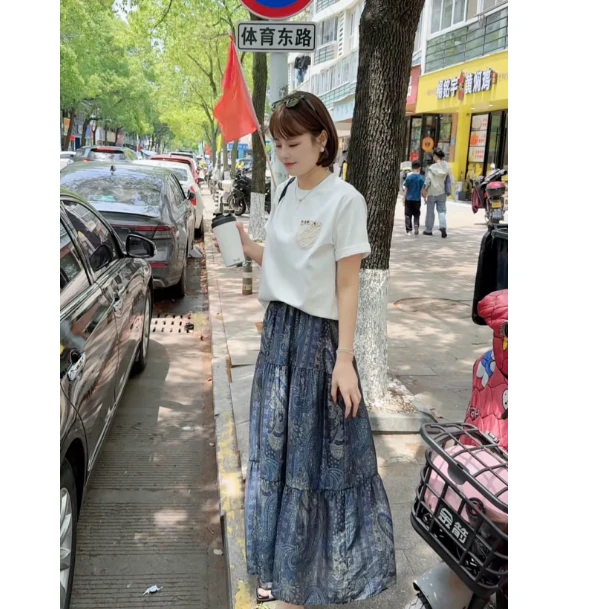 夏季新款针织小口袋T恤+松紧腰复古半身裙套装
