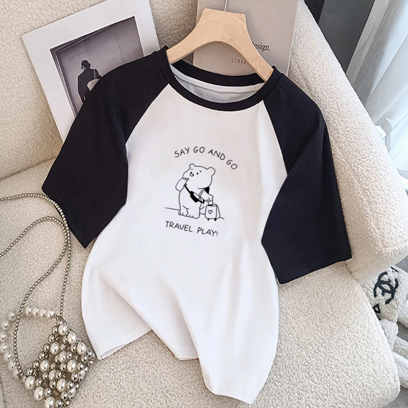 欧货黑色拼接短袖t恤女2025夏季宽松棉质减龄时尚撞色插肩袖上衣