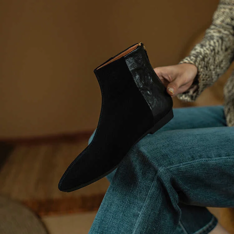 香港真皮短靴女平底2025秋冬新款尖头加绒拼接低跟软底显瘦女皮靴