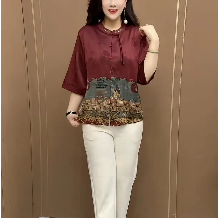 新中式复古国风印花女士潮流衬衣2025夏新款气质优雅妈妈显瘦上衣