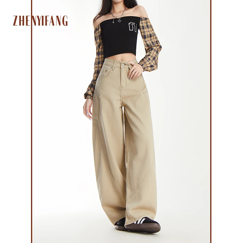 2025卡其色美式复古设计感大口袋弯刀牛仔裤女拖地阔腿裤