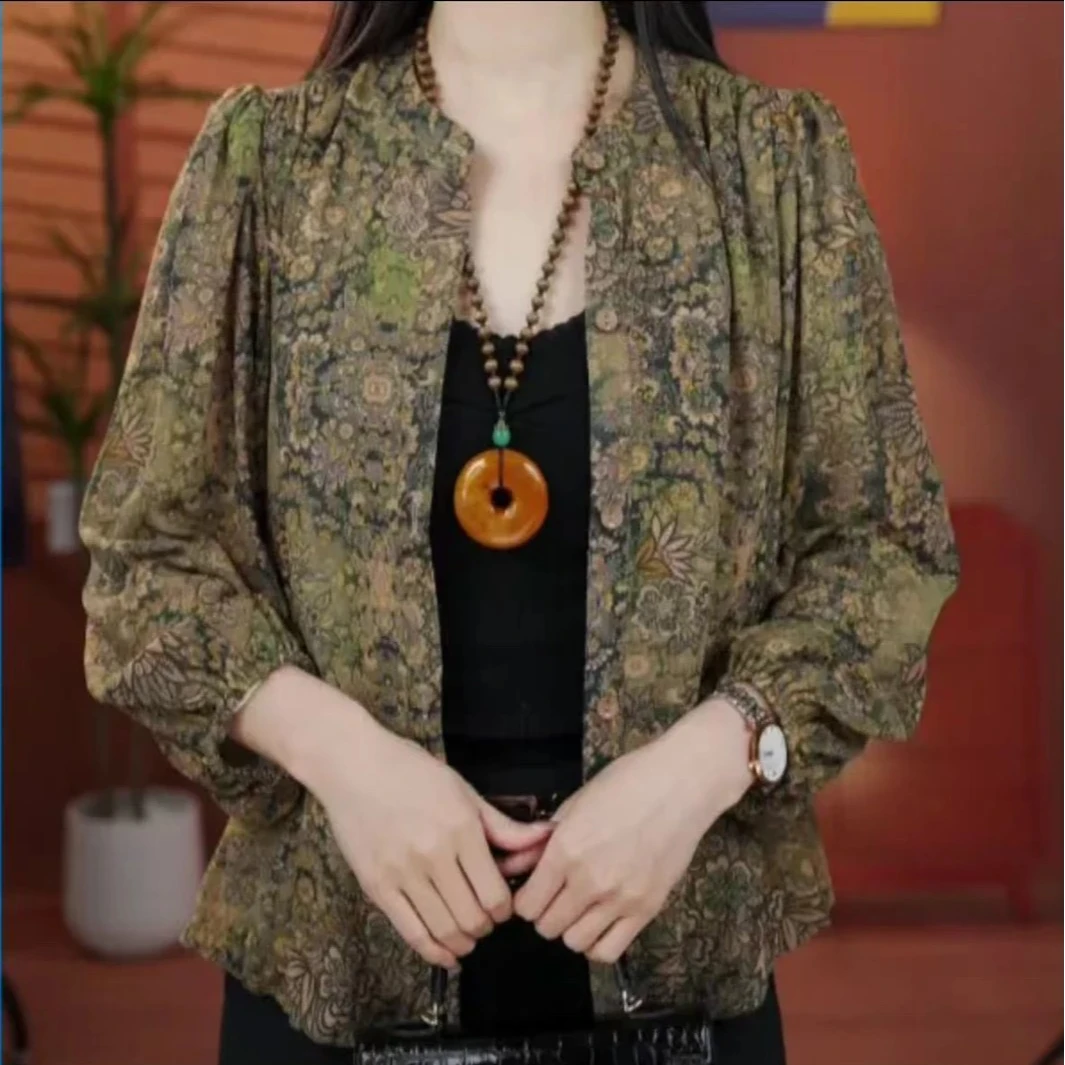 2025春季新款时尚印花长袖衬衫宽松百搭休闲上衣大码遮肚子衬衣