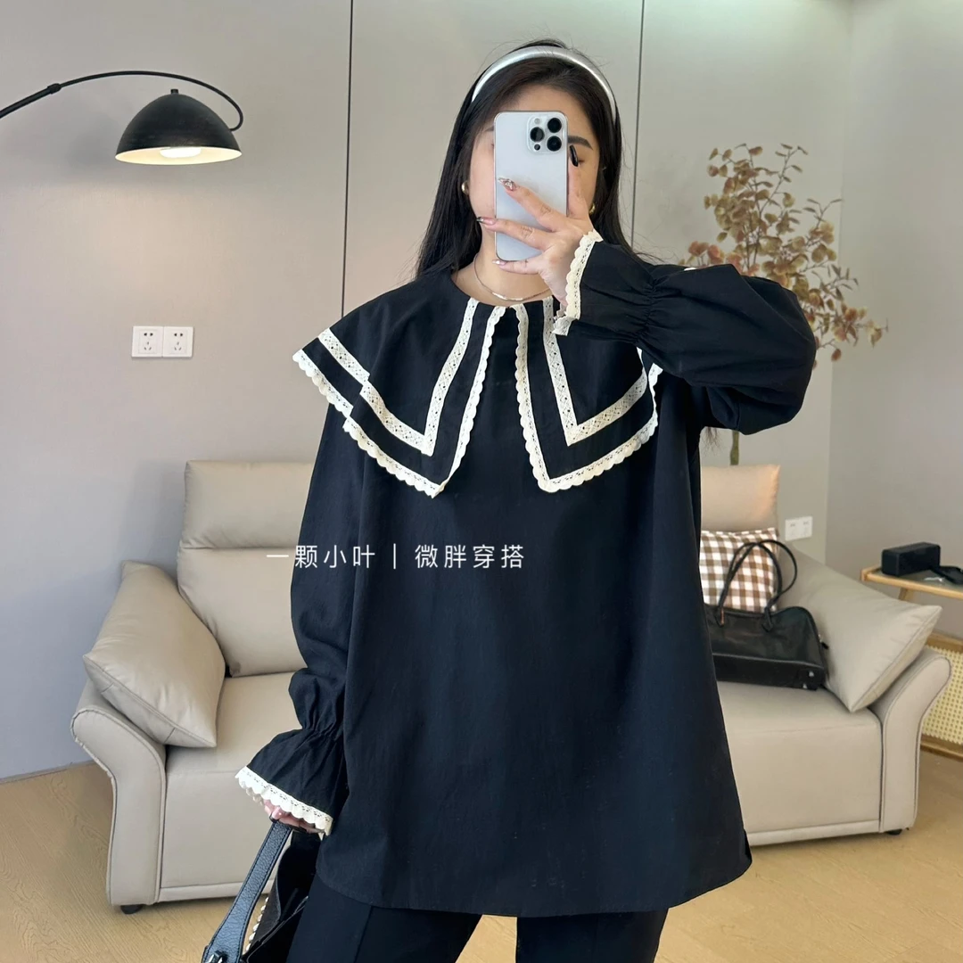 【一颗小叶】大码法式大翻领蕾丝边衬衣海军领