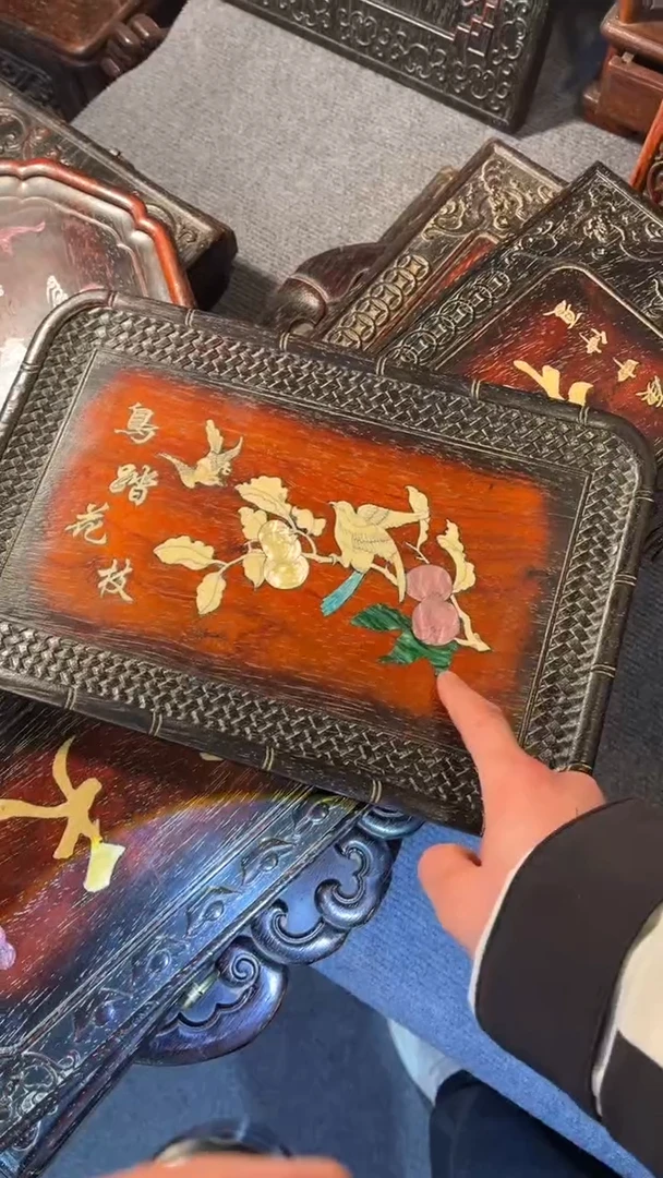 非洲紫檀（红花梨）36x24cm赏盘无底座鸟踏花枝