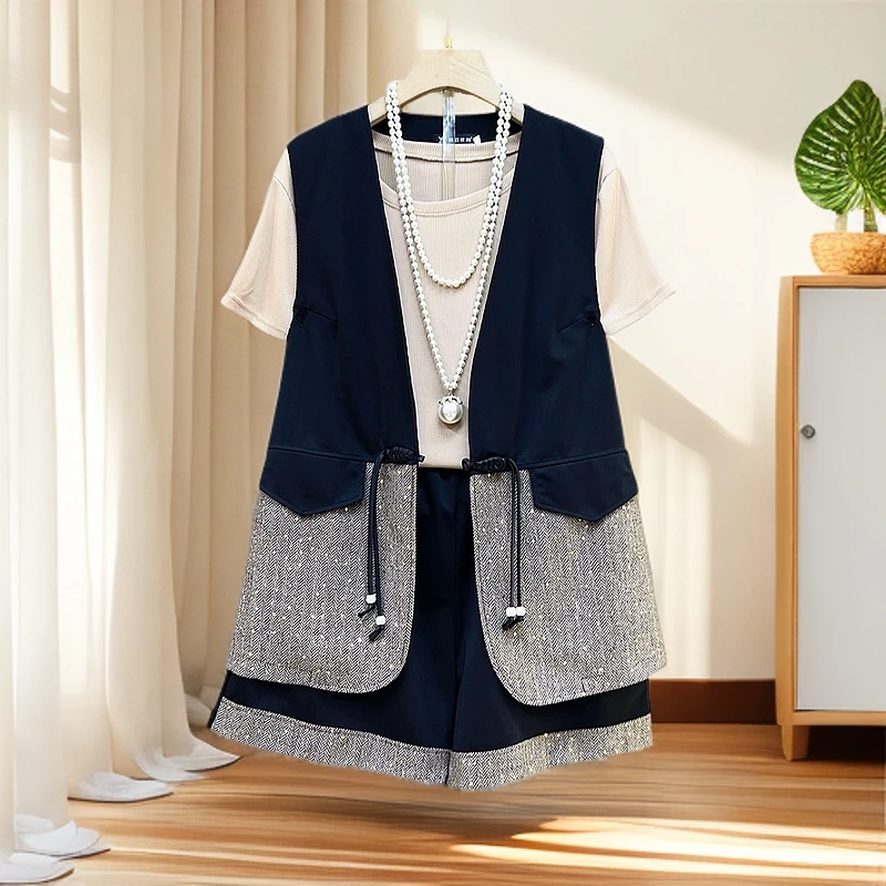 大码女装025夏季新款遮肉显瘦时尚休闲洋气宽松马甲T恤短裤三件套