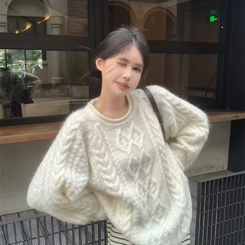 【绵羊毛】小麻花 韩系复古宽松慵懒针织套头外搭高级软糯上衣138