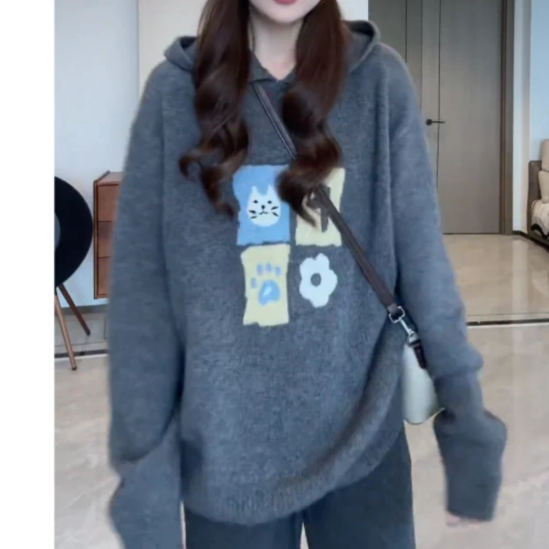 休闲风时尚减龄帽衫洋气针织衫字母卡通小猫连帽上衣LK2507995