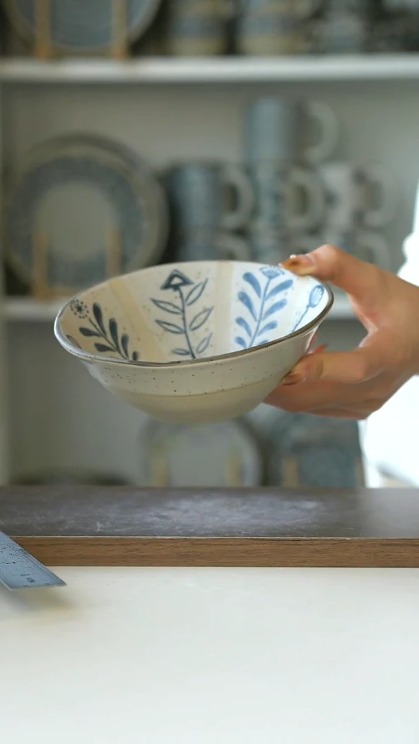 陶粗陶手绘百草花早餐碗14.5cm400ml@4-2@